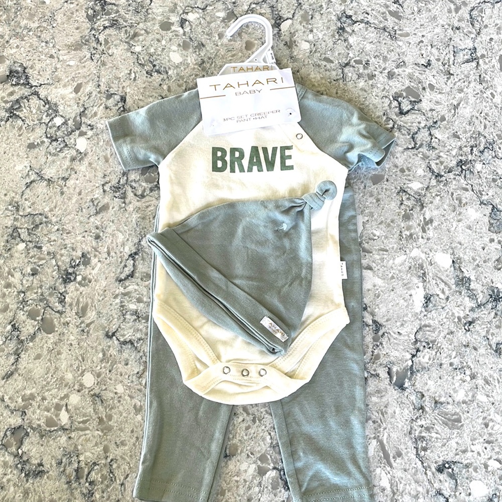Tahari Sage Green and Cream Ivory Brave Baby Outfit 3 piece set 6/9 mos. NWT